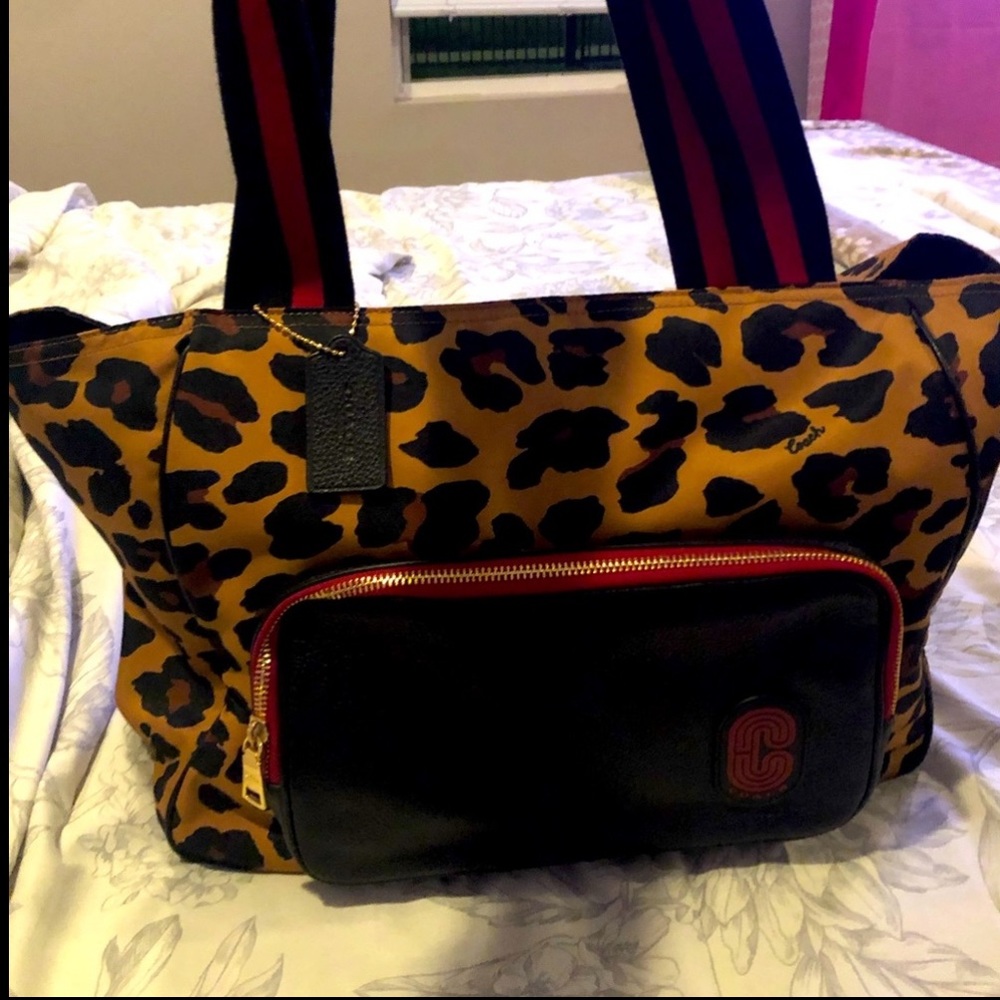 COACH Leopard Print Tote Bag with Black Accents